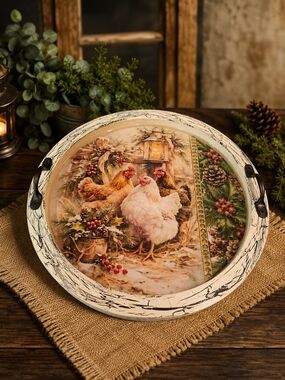Decorative Rustic Chicken Serving Tray - White & Brown Farmhouse
